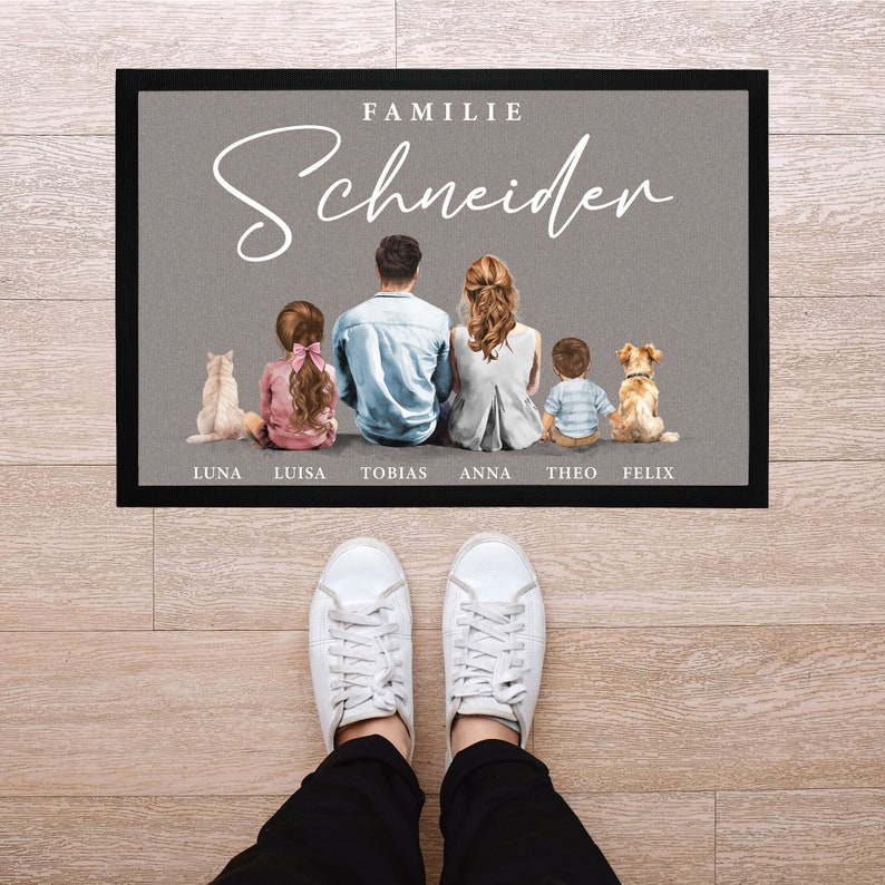 Fußmatte Familie mit Namen Figuren personalisierbar 1,2,3,4 Kinder Katze Hund Watercolor Aquarell rutschfest & waschbar SpecialMe® Bild 3