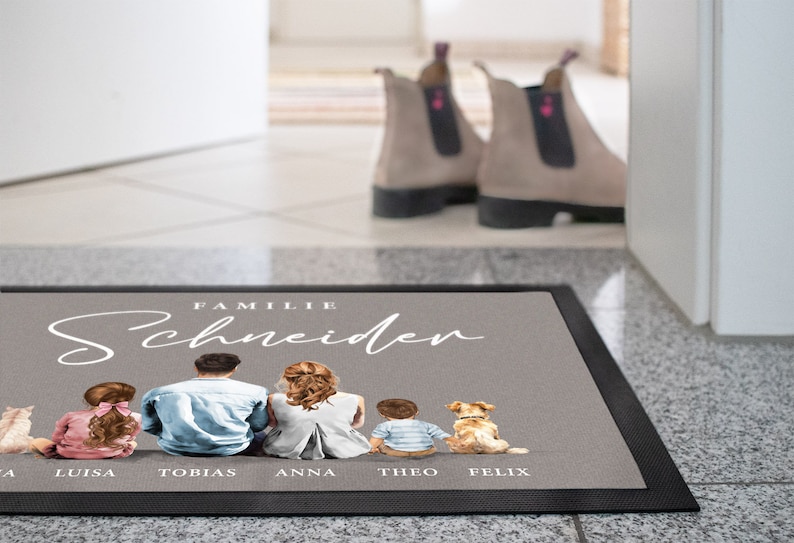 Fußmatte Familie mit Namen Figuren personalisierbar 1,2,3,4 Kinder Katze Hund Watercolor Aquarell rutschfest & waschbar SpecialMe® Bild 5