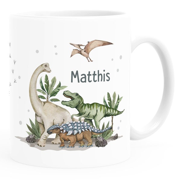 Kindertasse Dino mit Namen personalisiert Dinosaurier T-Rex Tasse aus Keramik für Kinder Jungen Mädchen SpecialMe®