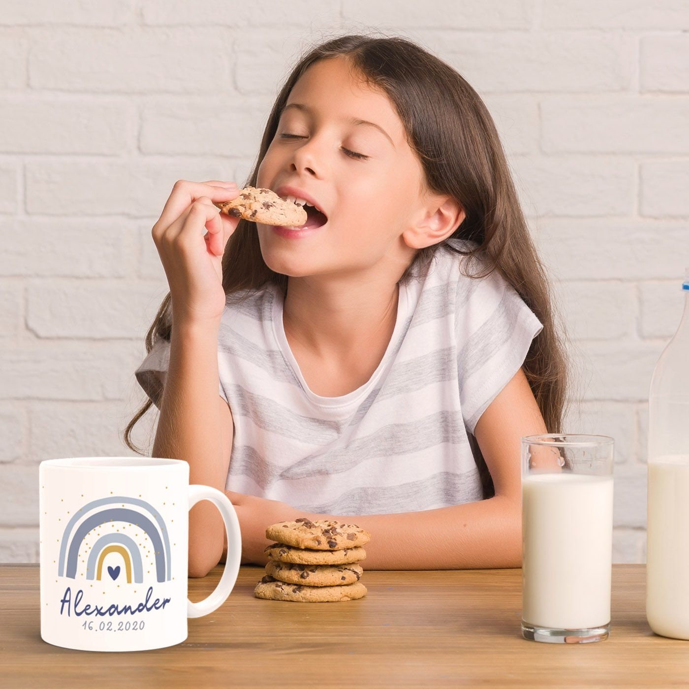 Tazza Personalizzata Per Bambini Con Nome – Design Arcobaleno – Blu – Regalo Per Compleanno, Comunione E Cresima