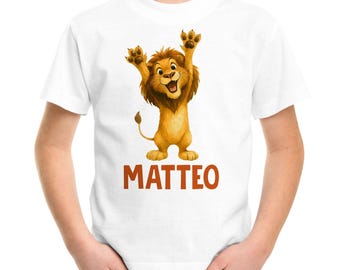 Children's T-Shirt Lion with Name – Personalized Shirt for Boys – Animal Motif Printed – Gift for School Enrollment or Birthday Moonworks®