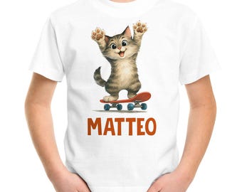 Children's T-Shirt Cat with Name – Personalized Shirt for Boys – Funny Skateboard Motif – Birthday or School Gift