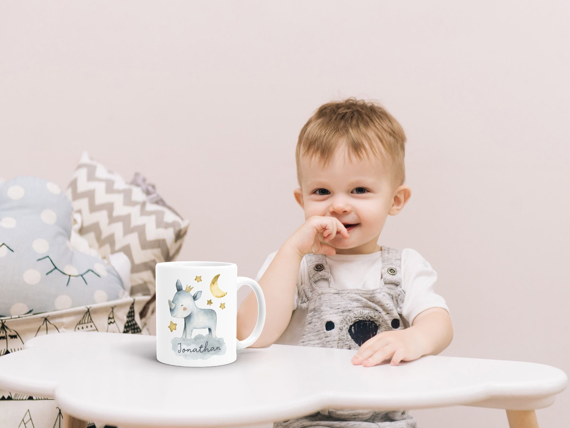 Pair of Kid-Sized Ceramic Mugs - Rhinoceros & Lion