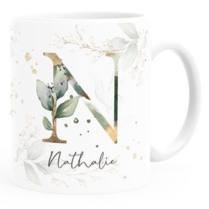 Coffee mug with letter monogram personalized with desired name Initial leaf motif personal gifts SpecialMe®