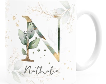 Coffee mug with letter monogram personalized with desired name Initial leaf motif personal gifts SpecialMe®