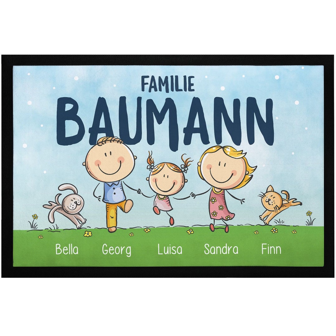 Fußmatte Familie 1,2,3,4 Kinder personalisiert mit Namen Hund Katze  Strichmännchen Geschenk rutschfest & waschbar SpecialMe® - .de