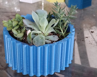 May include: A blue, 3D printed planter with a ribbed design, filled with a variety of succulents.