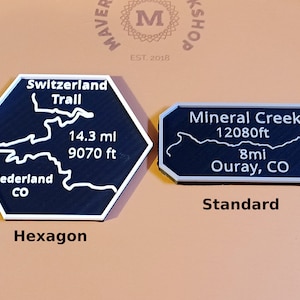 Könnte beinhalten: Zwei schwarz-weiße Wegweiser. Einer ist ein Sechseck mit dem Text "Switzerland Trail" und "14.3 mi". Der andere ist ein Rechteck mit dem Text "Mineral Creek" und "8 mi". Beide Schilder haben einen weißen Rand.