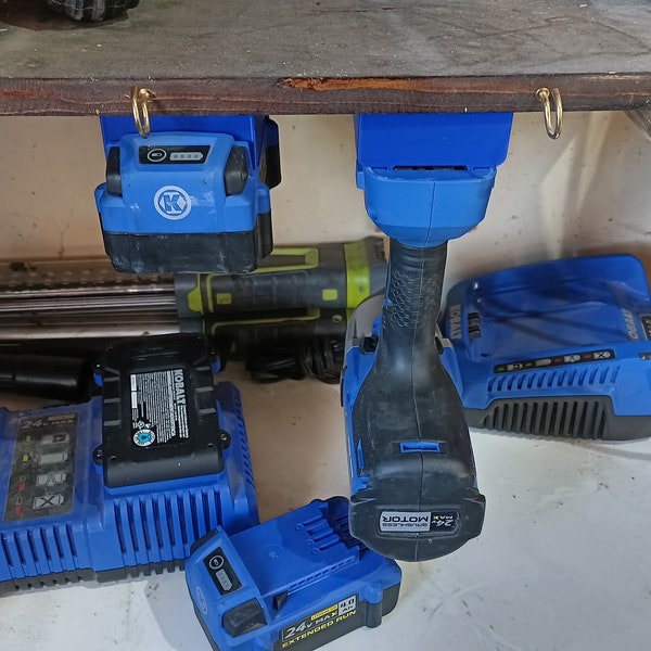 Tool and battery storage holder mount, under shelf or workbench for Kobalt 24V batteries and tools Set Garage shop DIY