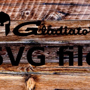 May include: Black and white SVG file graphic of a gladiator helmet and the word "Gladiator" with the text "SVG File" below.
