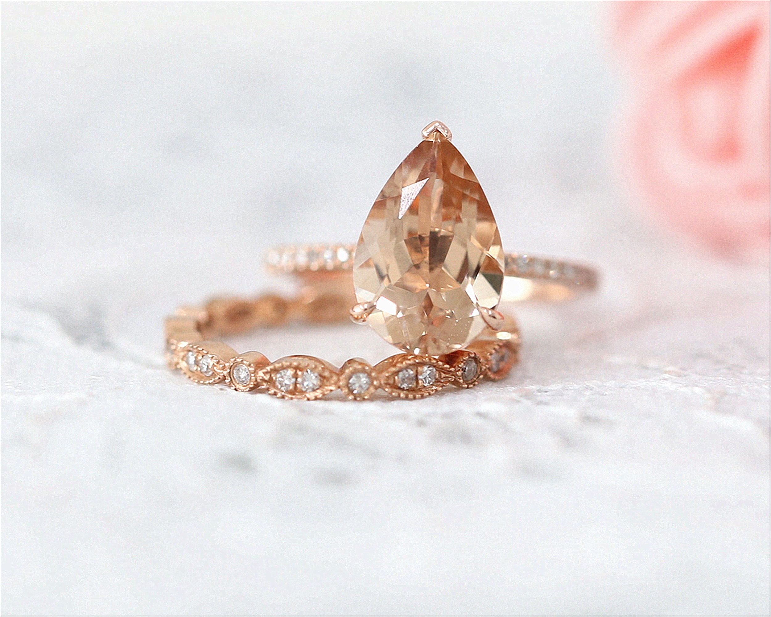 14K Rose Gold Natural Morganite Engagement Ring Set Diamond | Etsy