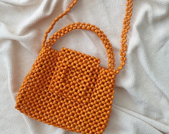 Handmade Wooden Bead Shoulder Bag: Boho Orange Purse