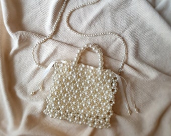 Pearl Beaded Bag, Pearl Wedding Bag  Handbag Shoulder Bag, Pearl Purse, Pearl Evening Bag, Cream Beaded Bag,Bridal Bag