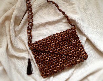 ショルダーバッグ・ポシェット RUBATI Handmade tassel wooden bead bag brown Wooden Beads Bag Square Beige Bamboo Handmade Purse Boho