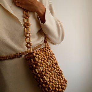 Wooden Beaded Bucket Bag, Beige Bamboo Handmade Shoulder Bag, Natural Wood Summer Bag With Linen Pouch