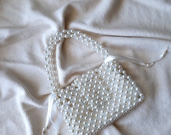 Pearl Beaded  Bag, Sparkly Crystal Beaded Pearl Shoulder Bag, Faux Pearl Purse, White Evening Bag, Bridal Bag, With Satin Pouch