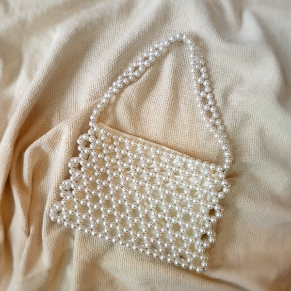 Pearl Beaded  Bag, Faux Pearl Shoulder Bag, Pearl Purse, White Evening Bag, Bridal Bag, With Satin Pouch