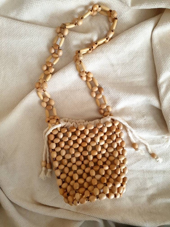 Wooden Beads Bucket Bag Shoulder Purse Natural Bamboo