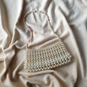Pearl Beaded Bag, Faux Pearl Shoulder Bag, Pearl Purse, Bridal Bag,White Evening Bag, Pink Porcelain Bead Detailed