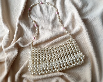 Pearl Beaded Bag, Faux Pearl Shoulder Bag, Pearl Purse, Bridal Bag,White Evening Bag, Pink Porcelain Bead Detailed