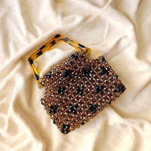 Braune Geparden Muster Perlen Tasche, Schultertasche, handgemachte Tasche, Leopard Muster Abendtasche, Leoprint Tasche, Tier Muster Perlen Tasche