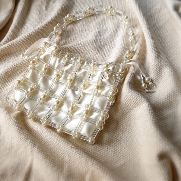 Pearl ,Transparent Beaded Bag, Faux Pearl Shoulder Bag, Pearl Purse, Bridal Bag,White Evening Bag, With Satin Pouch