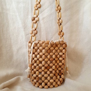 Wooden Beads Bucket Bag Shoulder Purse Natural Bamboo Handmade Boho Women Handbag  Beaded Wood Summer Bag Linen Pouch