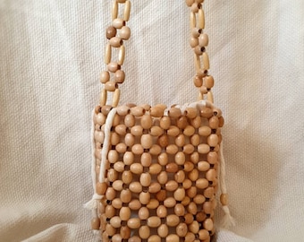 Wooden Beads Bucket Bag Shoulder Purse Natural Bamboo Handmade Boho Women Handbag  Beaded Wood Summer Bag Linen Pouch