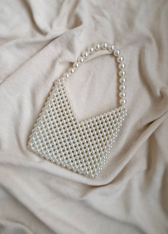 Handmade Pearl Beaded Bag: Cream Wedding Evening Purse