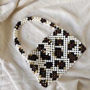 Leopard Muster Perlen Tasche, Creme Braun Gold Umhängetasche, Handgefertigte Tasche, Leopardenmuster Abendtasche, Leoprint Tasche, Tierdruck Perlen Tasche