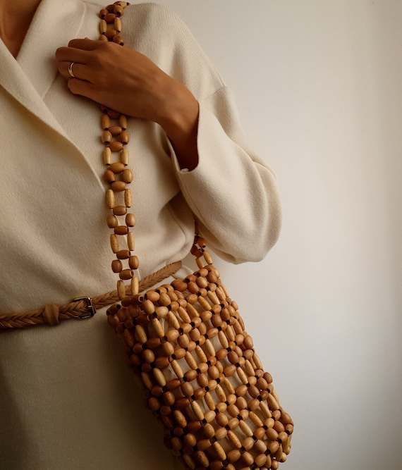 Wooden Beaded Bucket Bag, Beige Bamboo Handmade Shoulder Bag