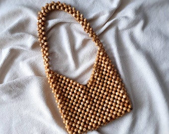 Holzperlen Tasche, kleine Perlentasche, beige Bambus handgefertigte Geldbörse Boho Frauen Handtasche Holzperle / Sommer Perlen Tasche