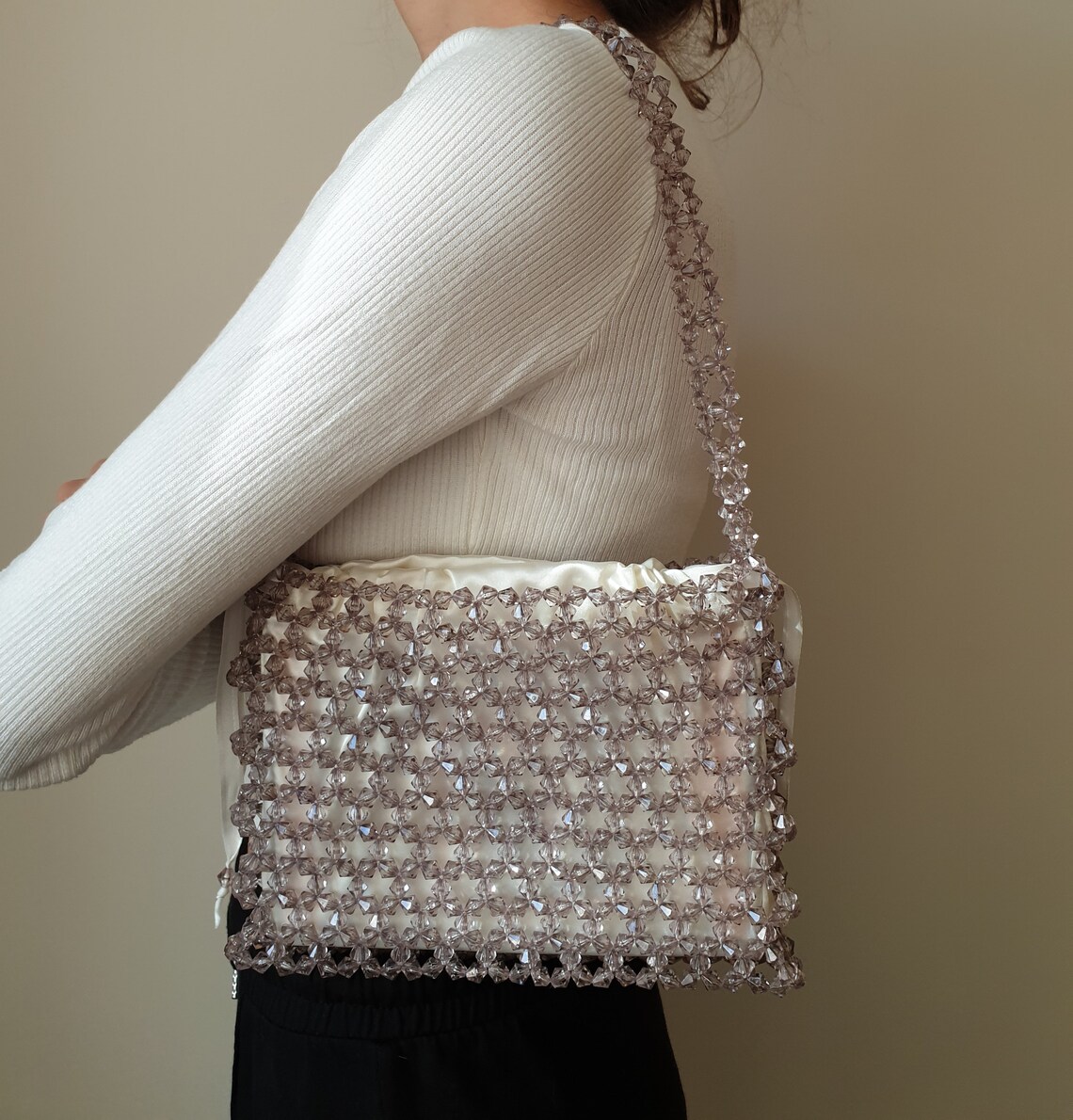 Crystal Beaded Bag Grey Beaded Bag Crystal Beaded Purse Etsy