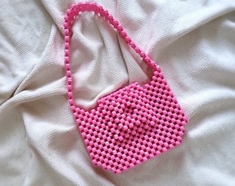 Pink Beaded Bag,Pink Shoulder Bag, Cute Handmade Bag, Pink Evening Purse, Pink Party Bag, Square Beaded Bag