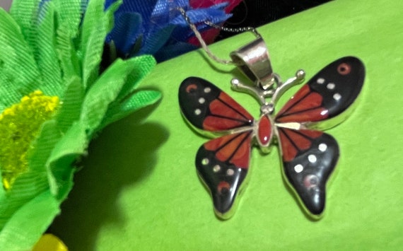 Navajo Sterling Coral and Onyx Butterfly Necklace… - image 3