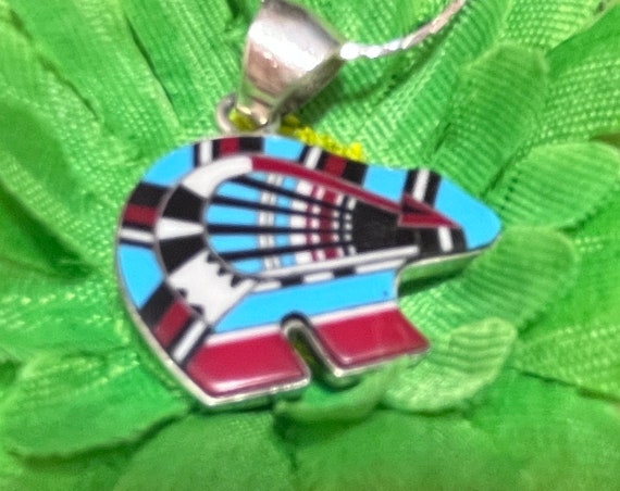 Navajo Sterling Turquoise And Coral Bear Necklace… - image 1