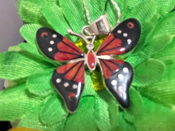Navajo Sterling Coral and Onyx Butterfly Necklace… - image 1