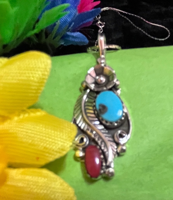 Navajo Sterling Turquoise and Coral Necklace #910A