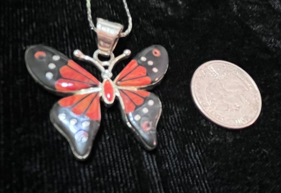 Navajo Sterling Coral and Onyx Butterfly Necklace… - image 4