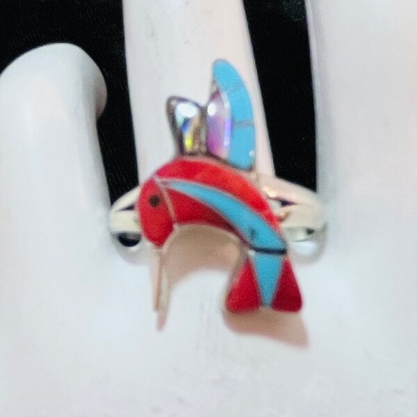 Navajo Sterling Turquoise and Coral Hummingbird Turquoise Ring #881