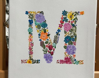 Hand painted floral initial - floral monogram - custom painting letter - handmade floral canvas