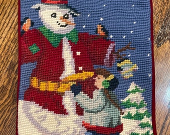 Vintage Christmas Needlepoint Christmas Snowman Stocking Handmade