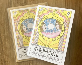 Tarjeta de felicitación del zodíaco Géminis, tamaño A6, con sobre kraft marrón