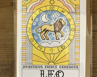 Tarjeta de felicitación del zodiaco Leo, tamaño A6, con sobre Kraft marrón