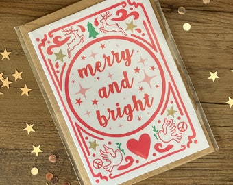 Tarjeta de felicitación alegre y brillante A6 con sobre kraft marrón / Tarjeta navideña /