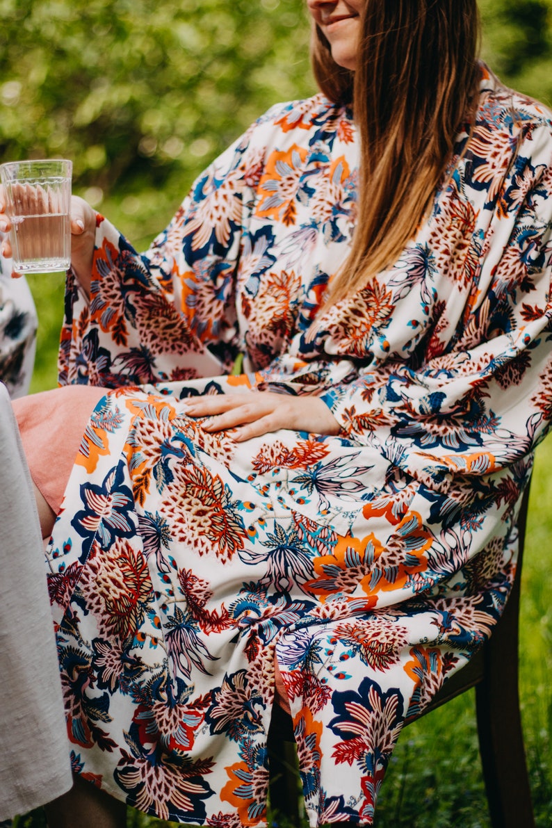 Long Floral Print Bathrobe Long Sleeve White Viscose Beach Etsy