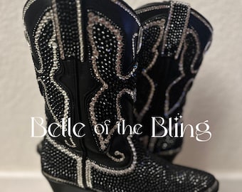 Bling cowgirl boots, black bedazzled cowboy boots, music festival, western wedding, bling bachelorette party, Swarovski boots, bling shoes