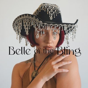 Black rhinestone cowgirl hat, country wedding, boudoir accessory , party hat, bachelorette, western wedding, burlesque hat, showgirl bling