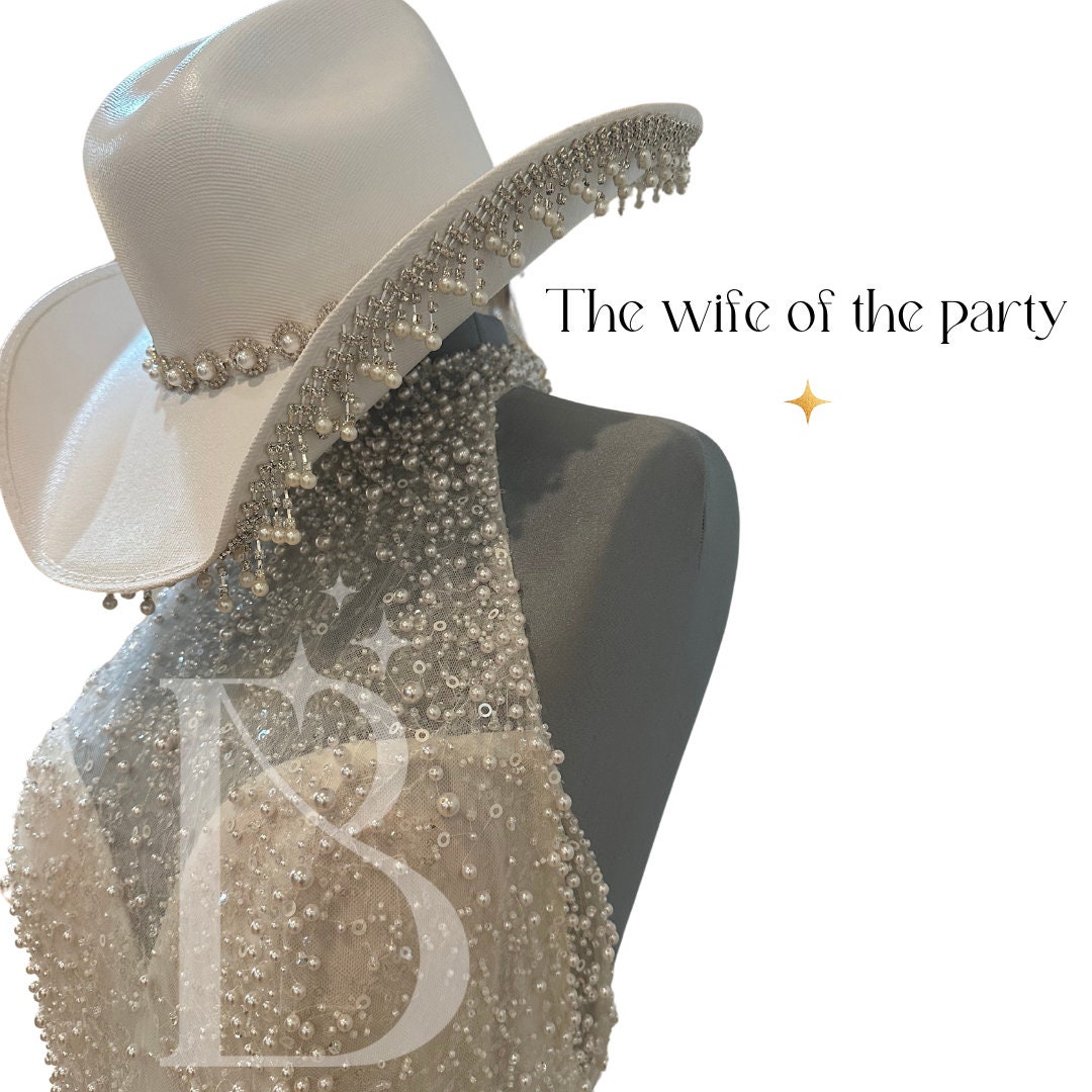 Beige Bridal Cowboy Hat with Pearl Fringe Viral Rhinestone and Pearl Bridal Cowgirl Hat, Charro  main image 4