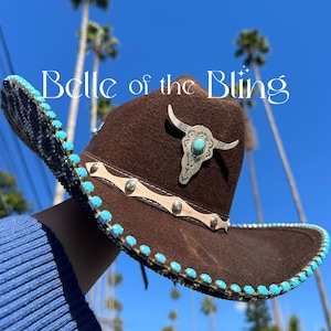 Turquoise cowgirl hat, country wedding, gifts for her, bachelorette, western wedding, country music festival, longhorn hat, bling cowboy hat